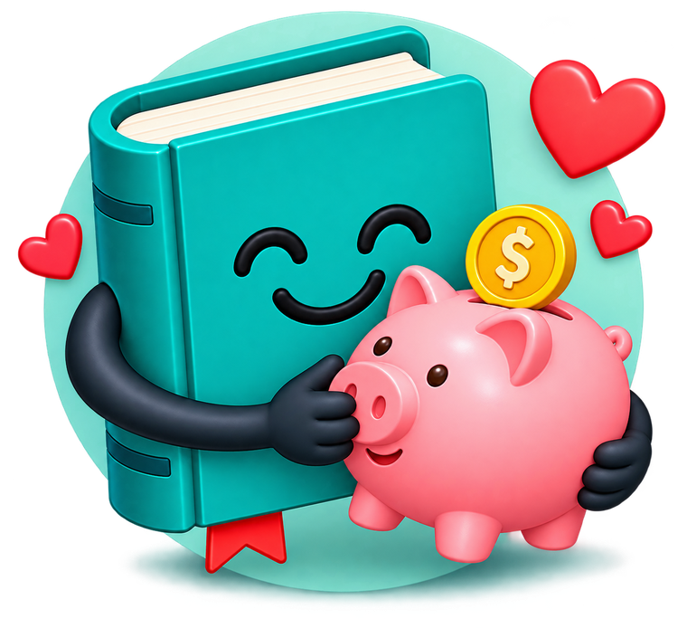 Mascote da Promoteca, um livro abraçando um cofrinho de porquinho