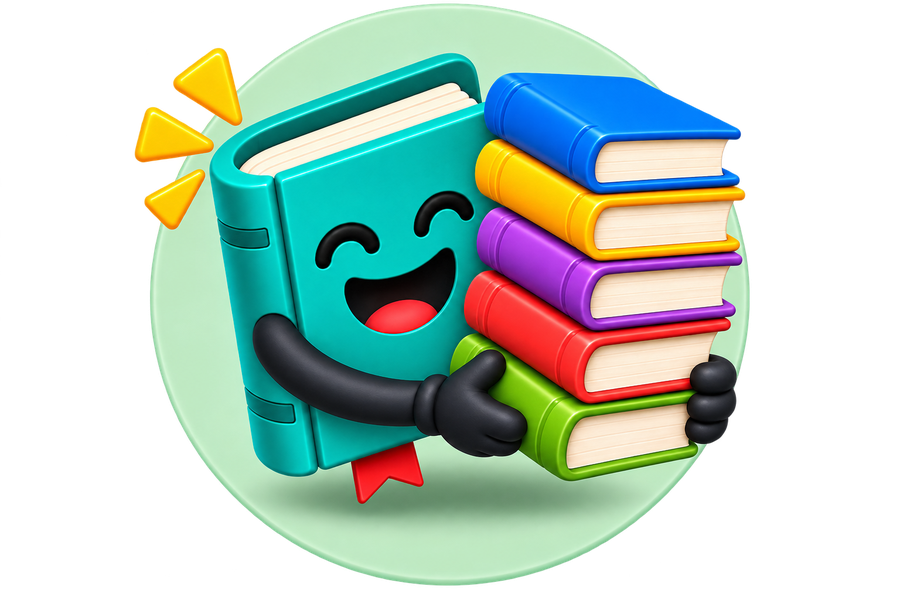 Mascote da Promoteca carregando uma pilha de livros coloridos